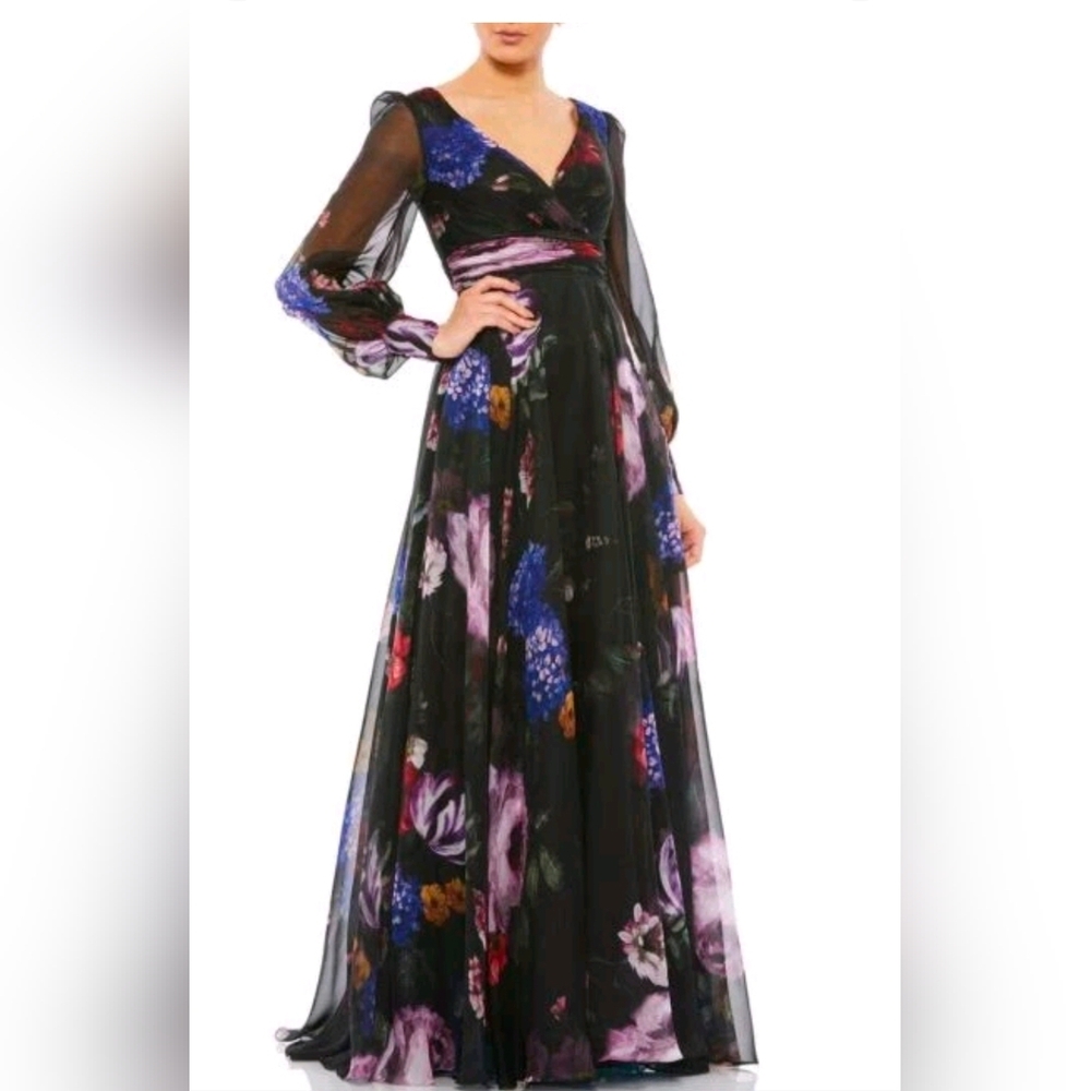 Mac Duggal Black Floral Long Sleeve Dress